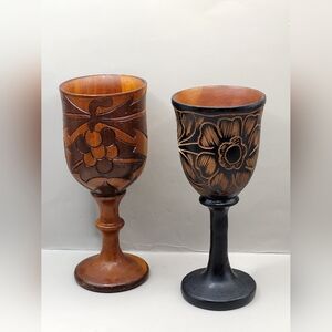 Vintage Set Of 2 Hand Carved Wooden Goblets Floral Wine Cups